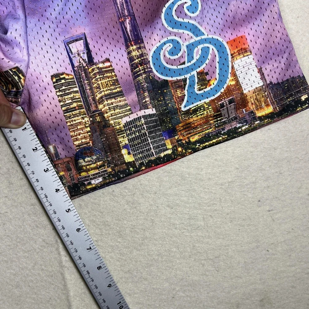 Snow Day Shorts Mens‎ Large Purple City Skyline Mesh Shanghai SD Logo Athletic
